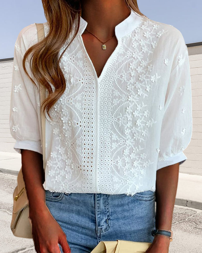 Mabel | Embroidered Split-Neck Blouse