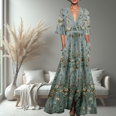 Amber | Elegant V-Neck Belted Boho Dress