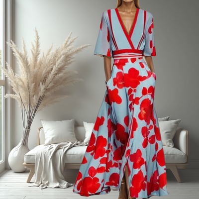 Amber | Elegant V-Neck Belted Boho Dress