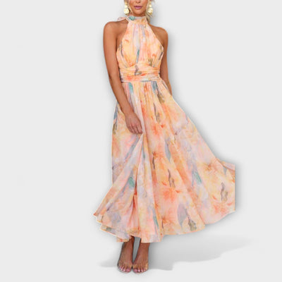 Agnes | Halter-Neck Watercolor Print Maxi Dress