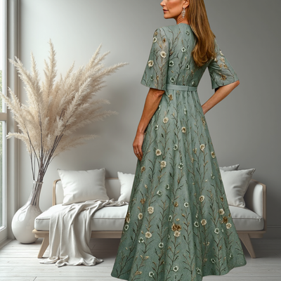 Amber | Elegant V-Neck Belted Boho Dress