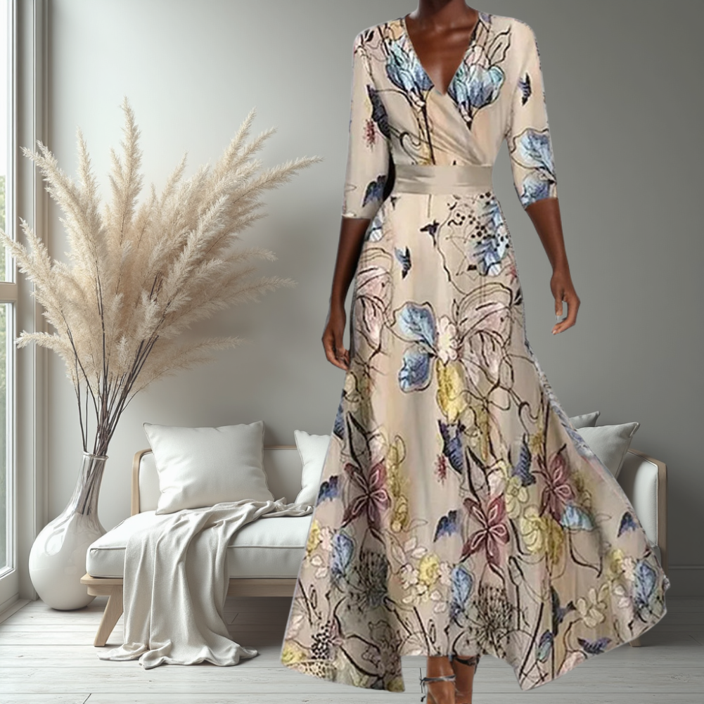 Amber | Elegant V-Neck Belted Boho Dress