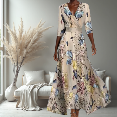 Amber | Elegant V-Neck Belted Boho Dress